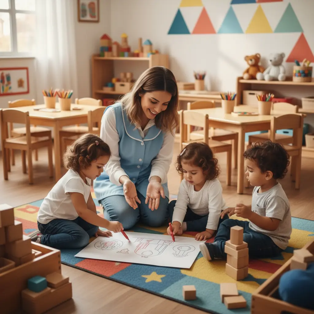 Auxiliar de docência apoiando crianças pequenas em atividade de educação infantil.