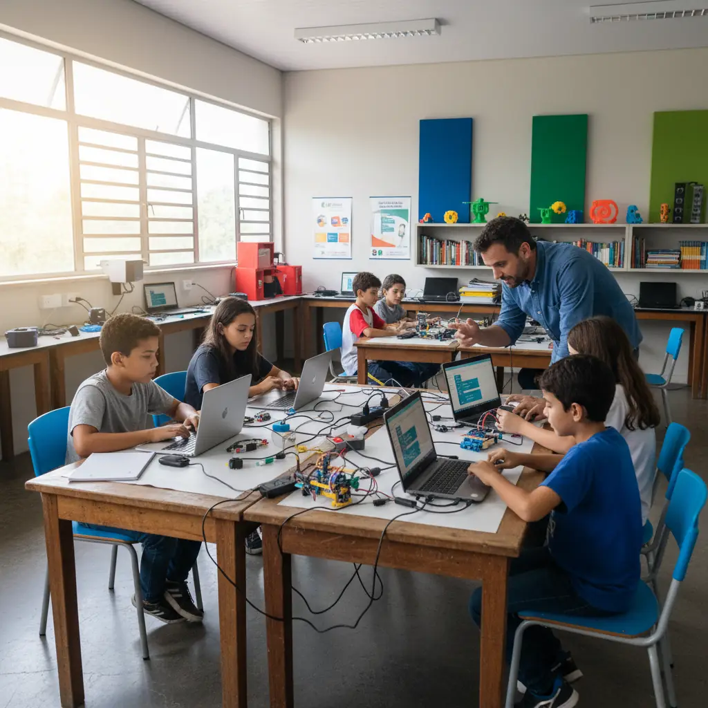 Alunos desenvolvendo pensamento computacional em laboratório escolar.