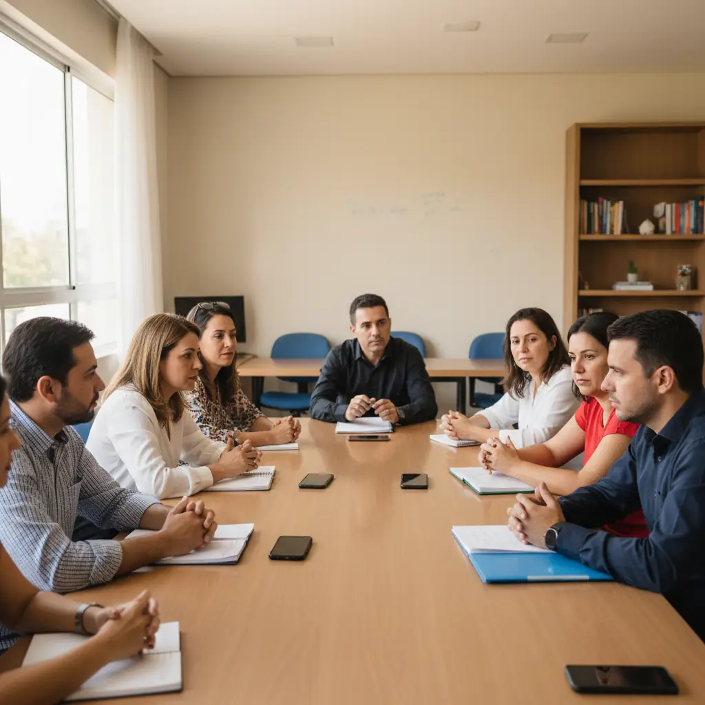 Encontro entre escola e famílias para discutir uso de celulares e equilíbrio digital.