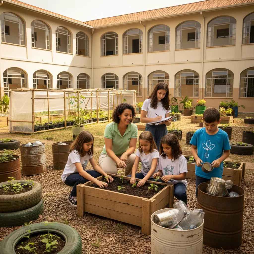 Professor e estudantes em projeto escolar de cidadania e sustentabilidade.