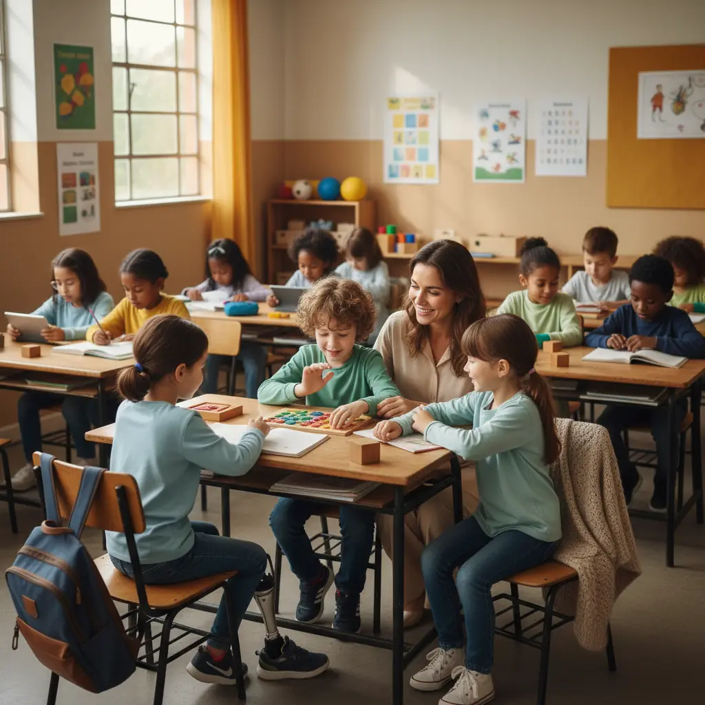 Sala de aula inclusiva com estudantes diversos e apoio natural da professora.