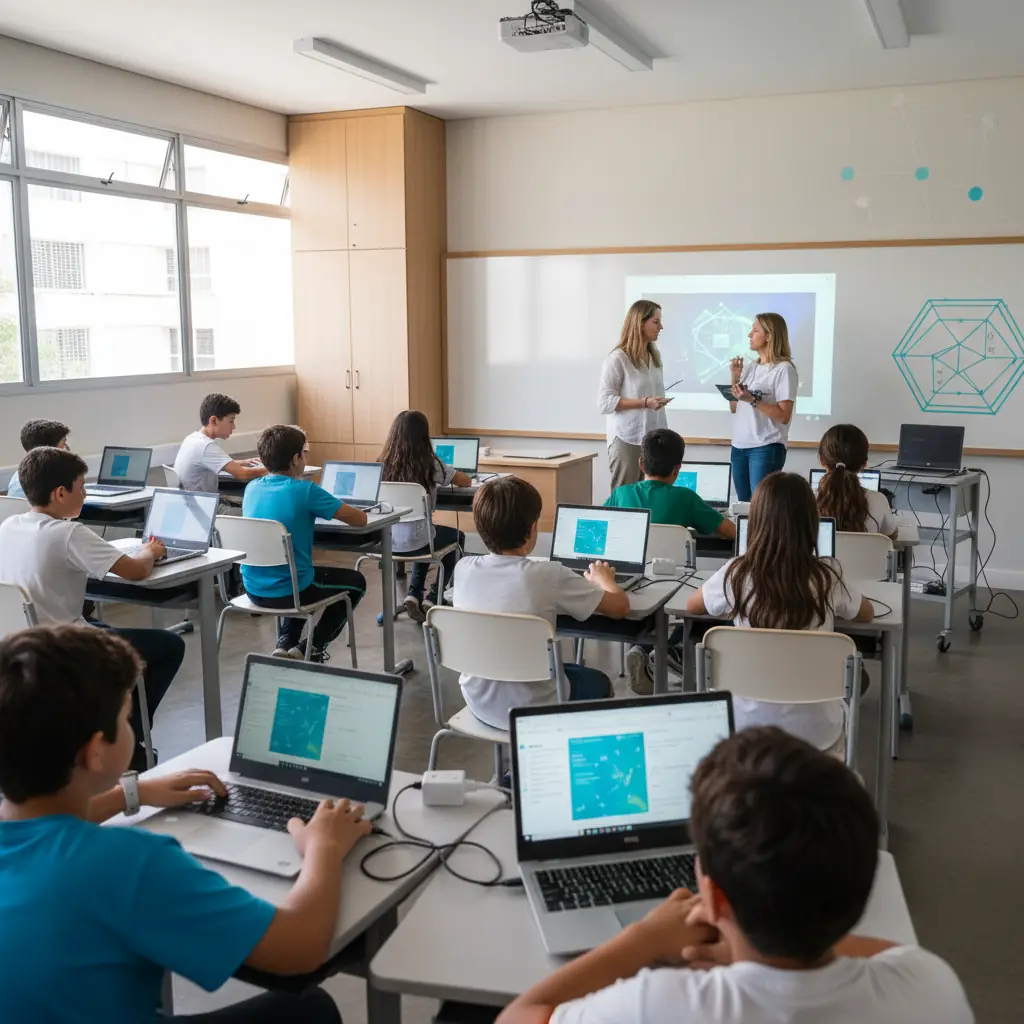 Sala de aula conectada com estudantes usando dispositivos e infraestrutura digital.