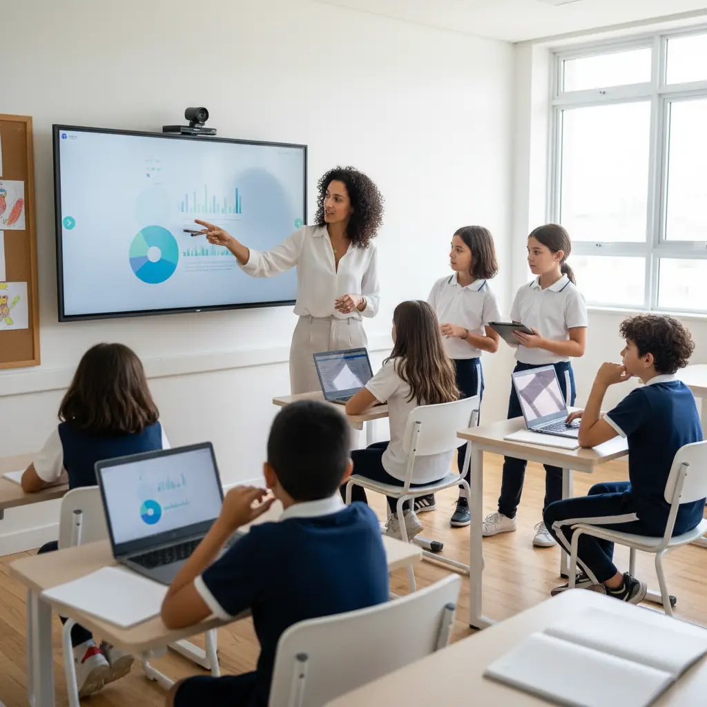 Professora conduzindo atividade de inteligência artificial em sala de aula.