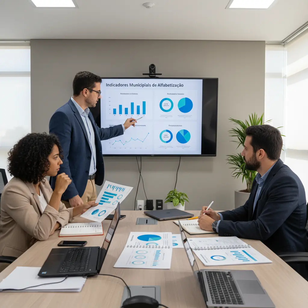 Profissionais analisando dados de alfabetização em painel de indicadores.
