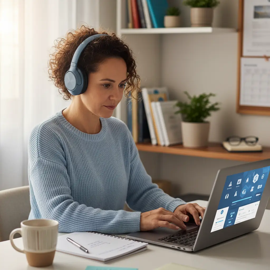 Professora realizando curso online de formação continuada em notebook.