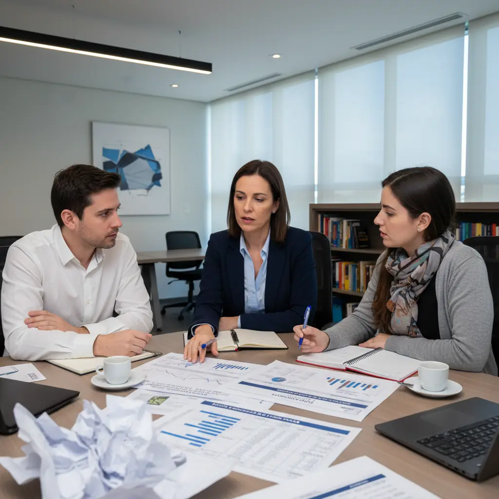 Equipe gestora de escola reunida em planejamento estratégico de longo prazo.