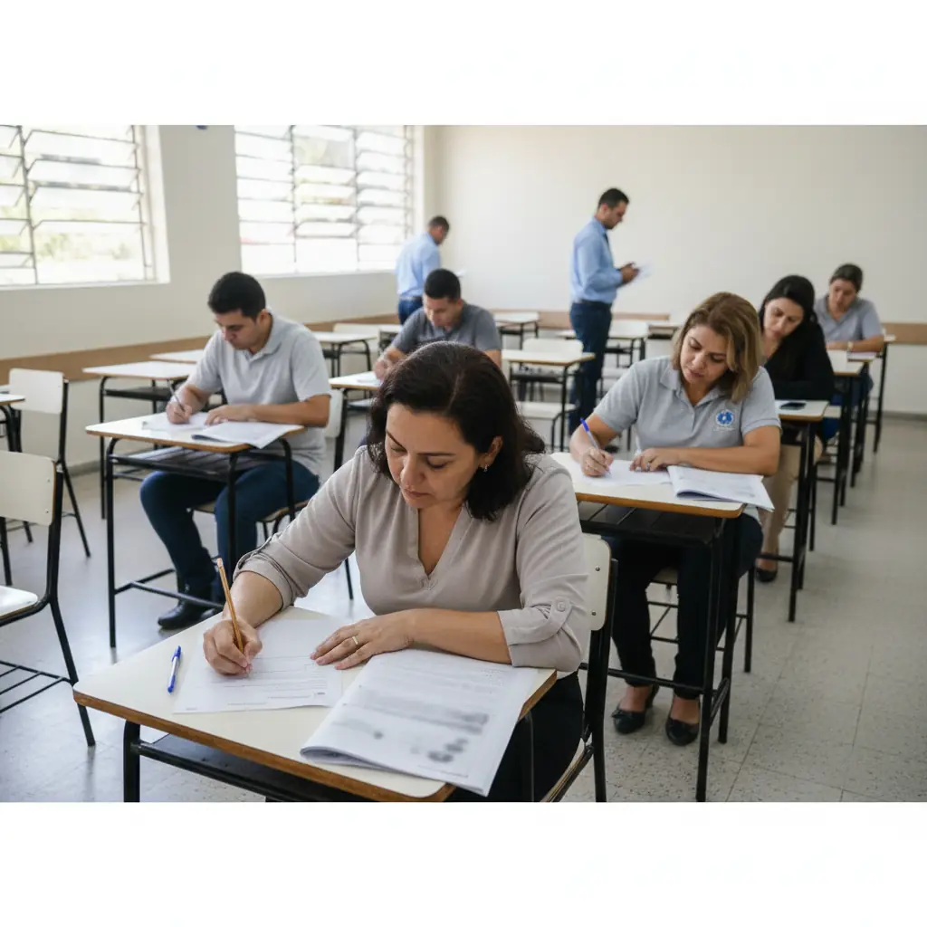 Candidatos realizando prova em sala de avaliação para docência.