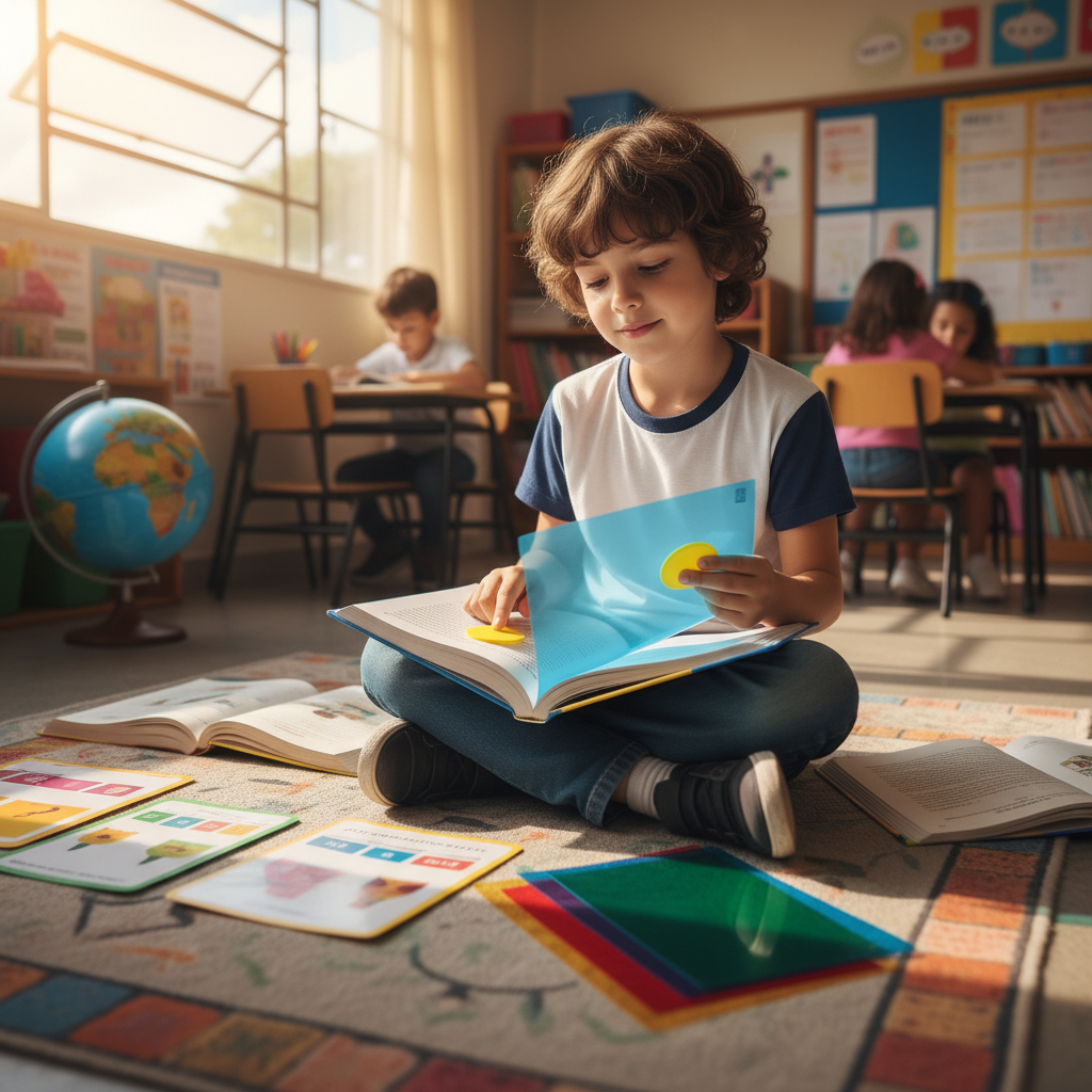 Aluno usando materiais de apoio visual em atividade de leitura.