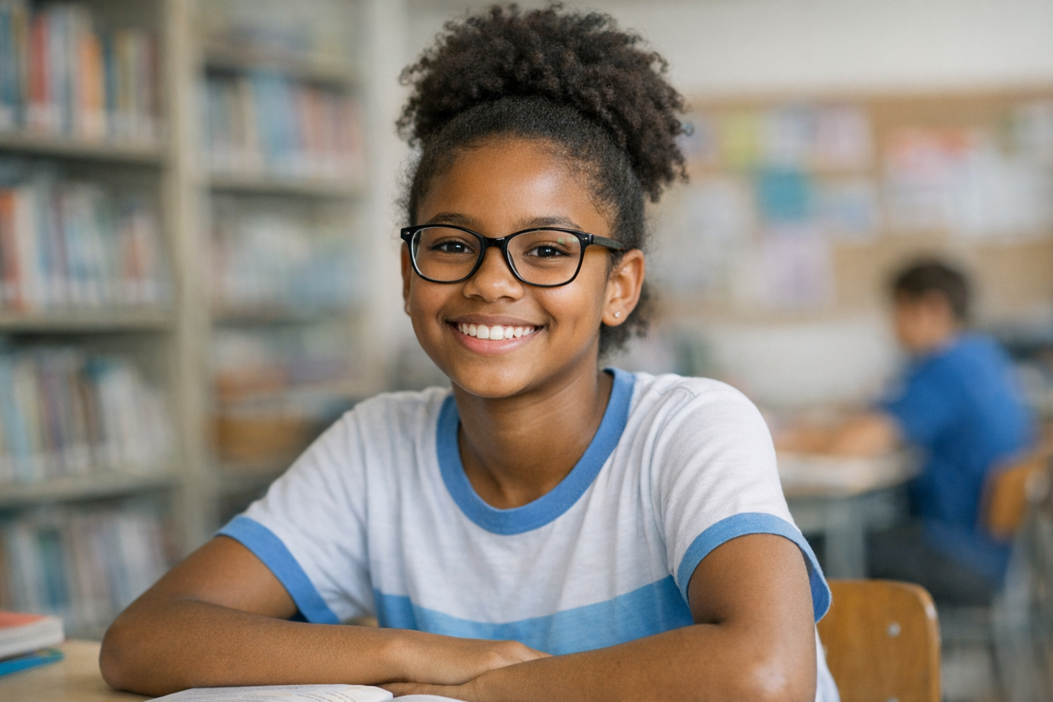 Estudante sorrindo em sala de aula após suporte de saúde visual.