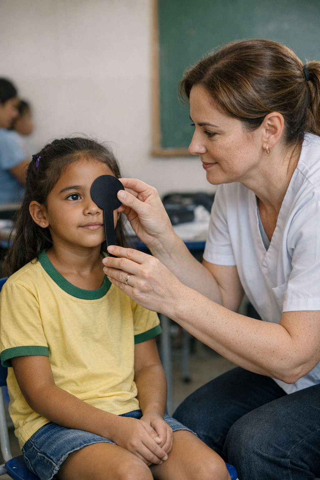 Ação do programa Olhar do Futuro com triagem visual infantil em ambiente escolar.