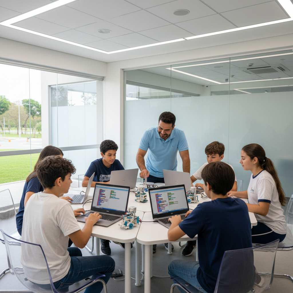 Estudantes aprendendo programação e robótica em laboratório escolar moderno.