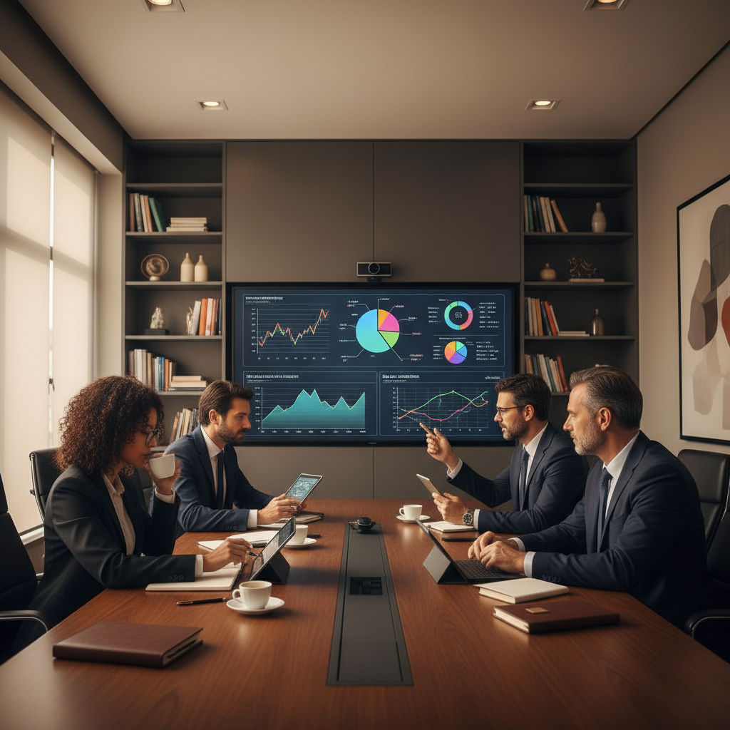 Lideranças escolares analisando indicadores e dashboards acadêmicos em reunião.