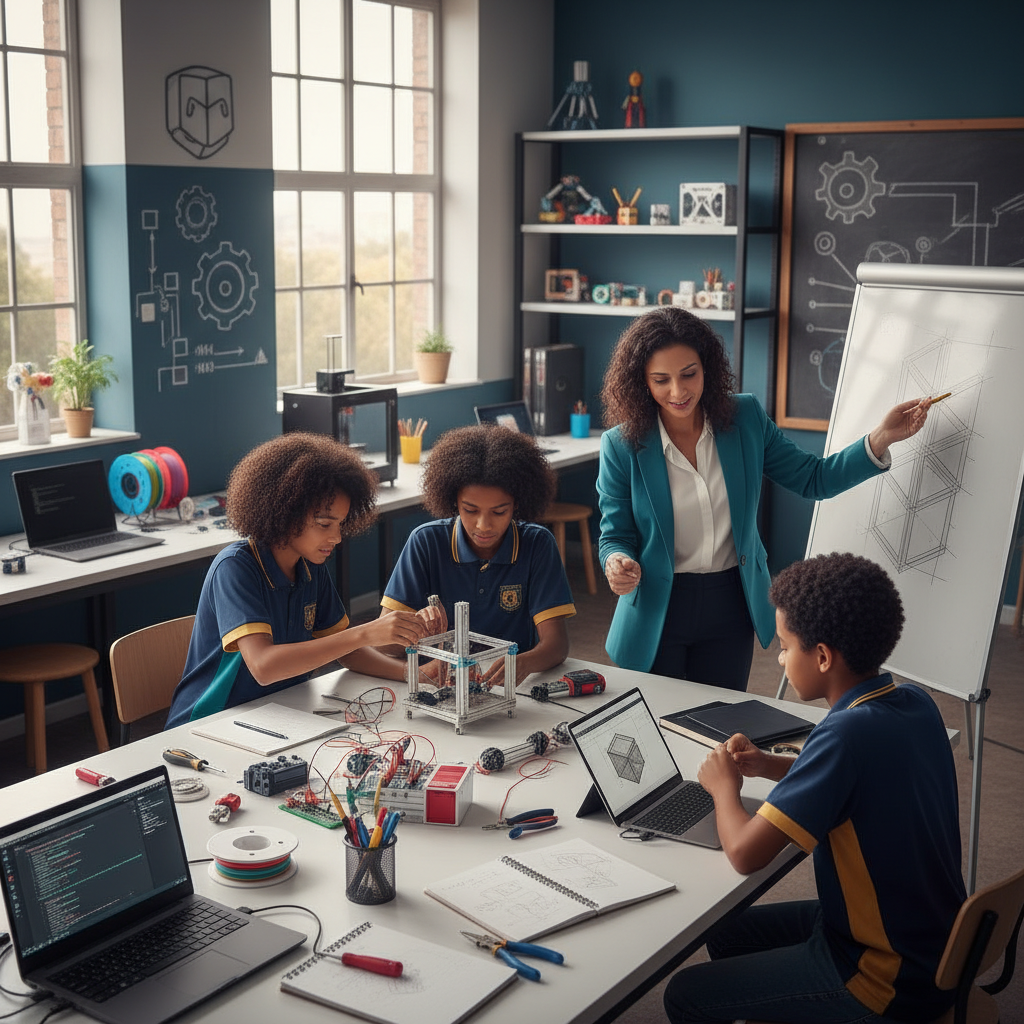 Estudantes construindo protótipos em ambiente maker com orientação docente.