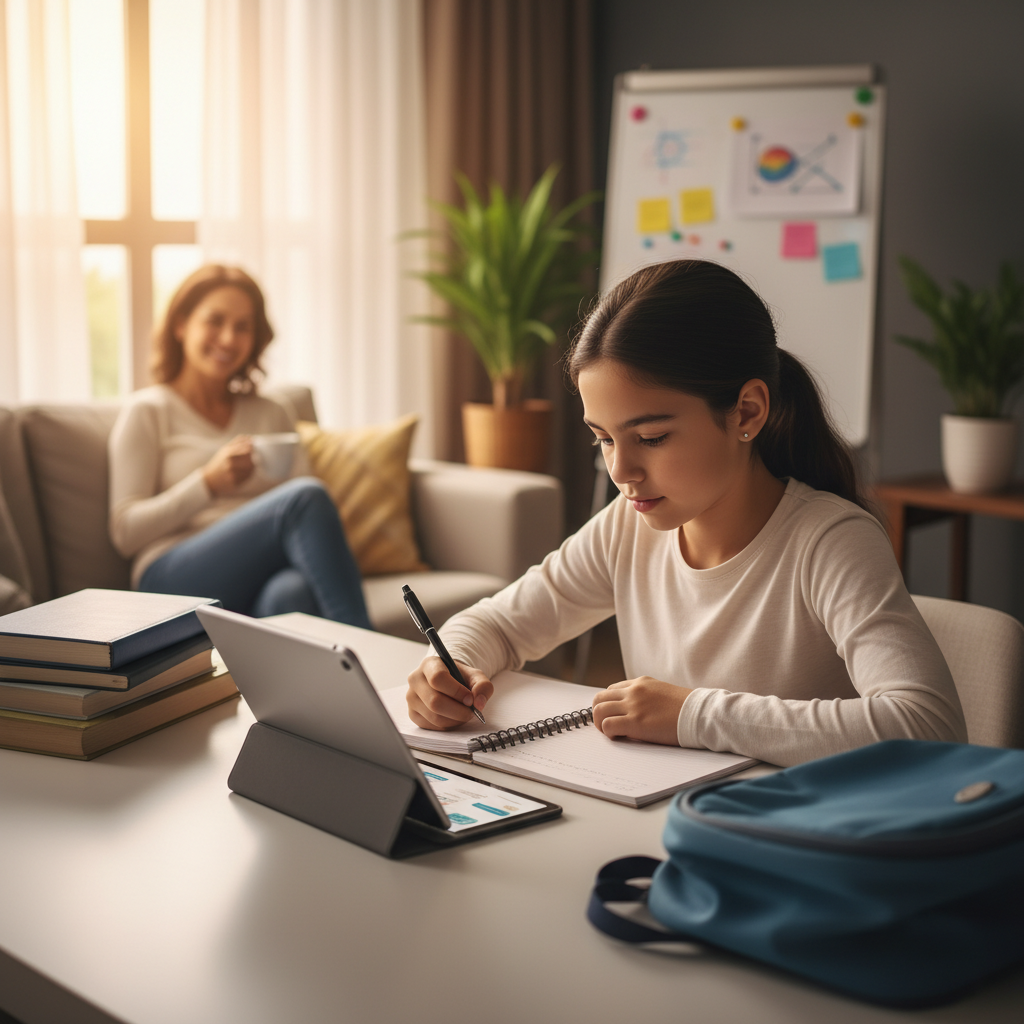 Aluno estudando com apoio digital e rotina de estudo em casa.