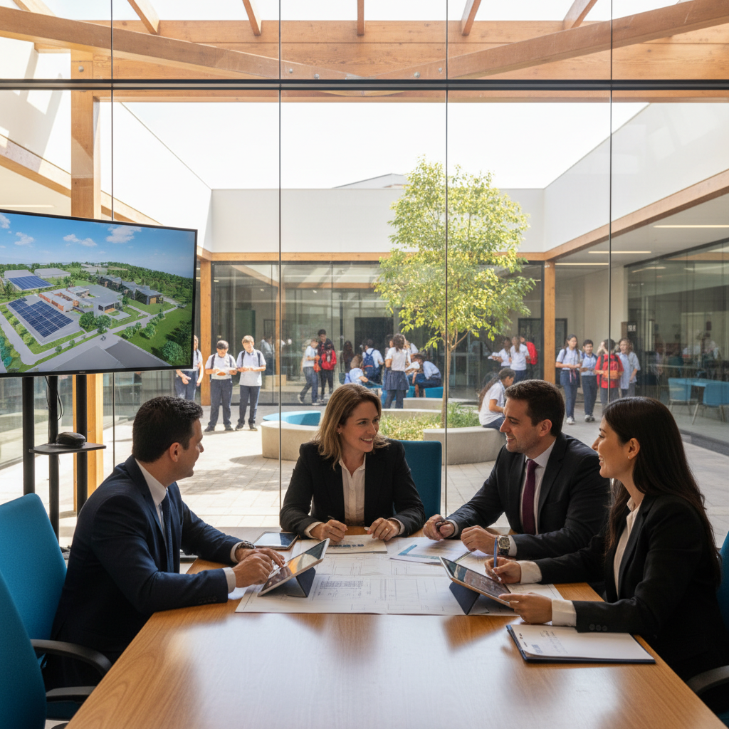 Lideranças institucionais reunidas em escola moderna para discutir parceria, infraestrutura e expansão educacional.