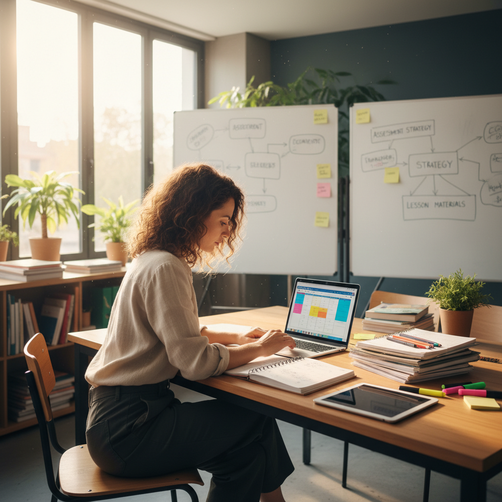Professora planejando materiais e avaliações em ambiente de trabalho pedagógico.